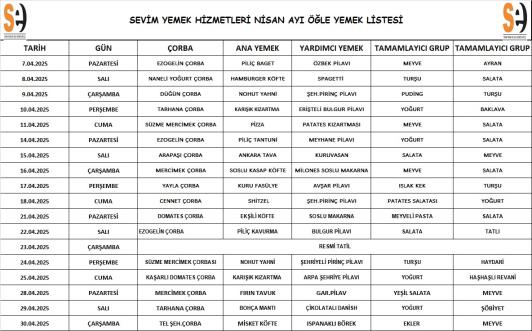 Genç Sultan Koleji Kayseri Özel Okul ilkokul Ortaokul Anadolu Lisesi - Yemek Listesi
