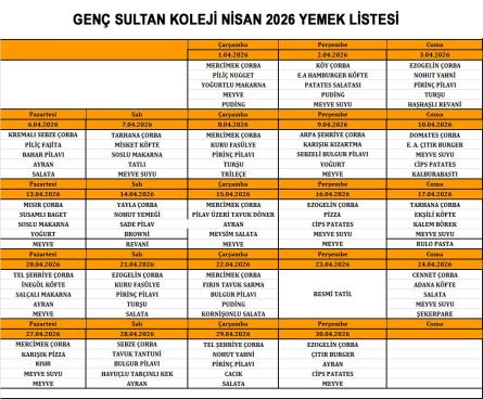 Genç Sultan Koleji Kayseri Özel Okul ilkokul Ortaokul Anadolu Lisesi - Yemek Listesi